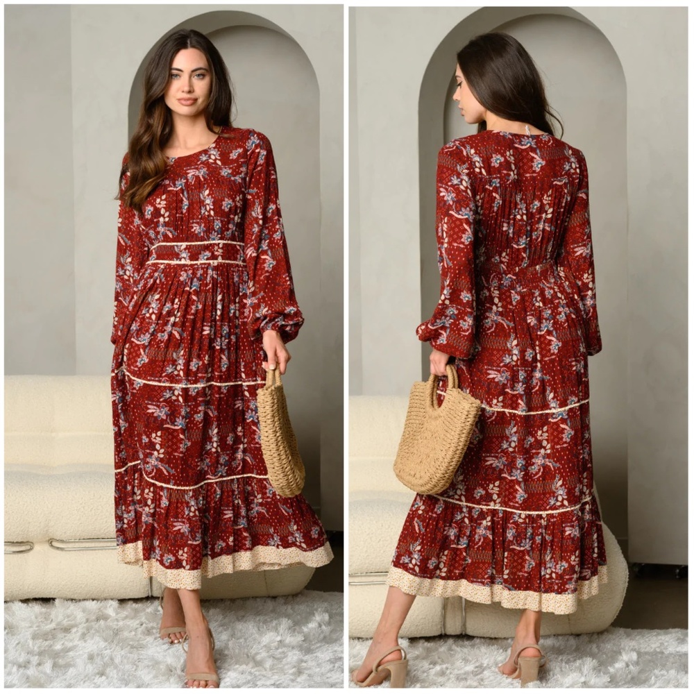 Trend Setter Diva Boutique Rust Red Floral Tiered Maxi Dress
